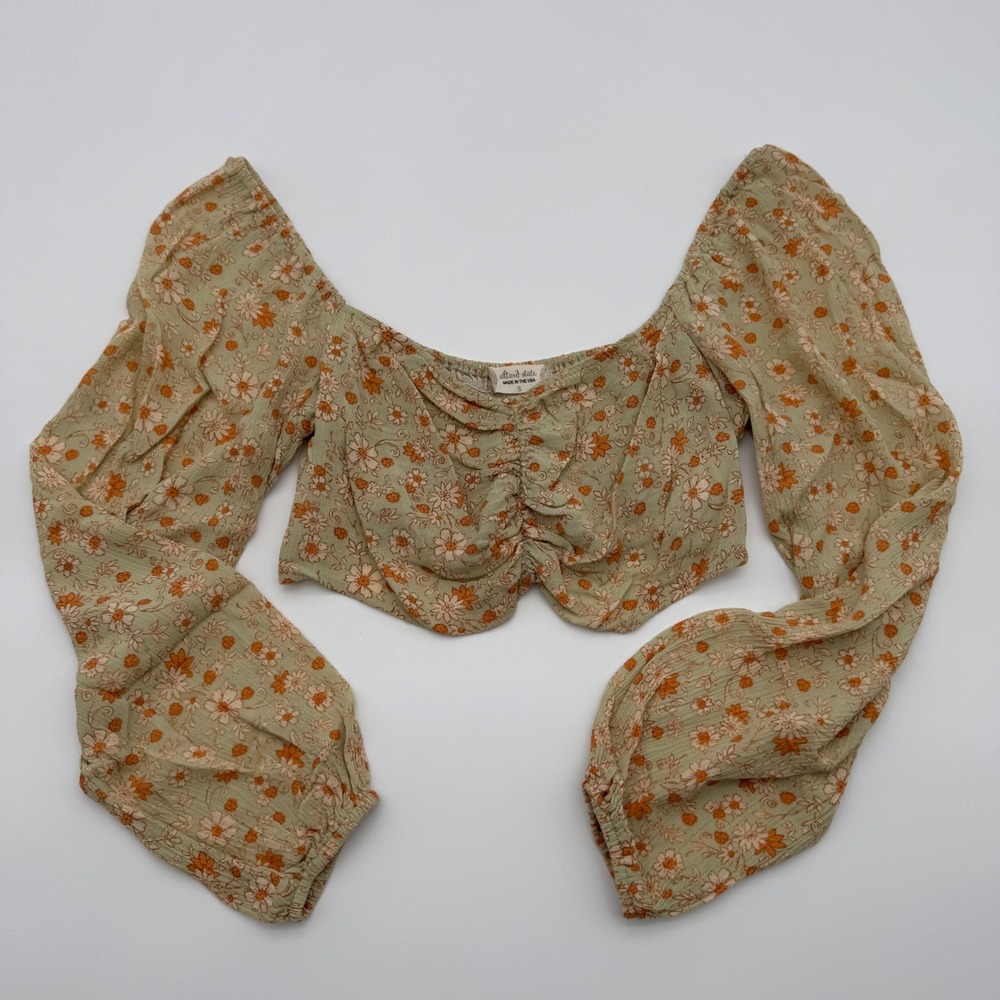 Altar'd State Floral Ruched Crop Top Sage Green Orange Long Puff Sleeve Small